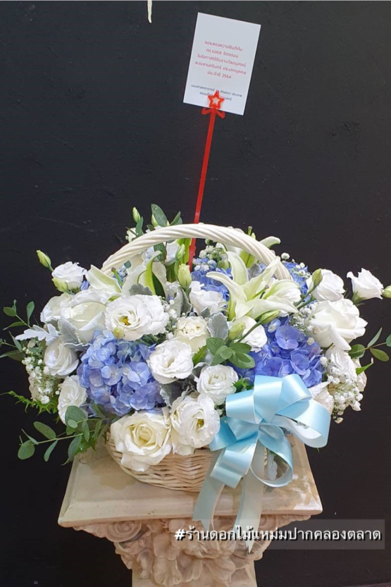 ช่อดอกไม้ ของฝาก ของขวัญ กระเช้าดอกไม้ เยี่ยมผู้ป่วย กุหลาบขาว ลิลลี่ ไฮเดรนเยีย สต๊อก