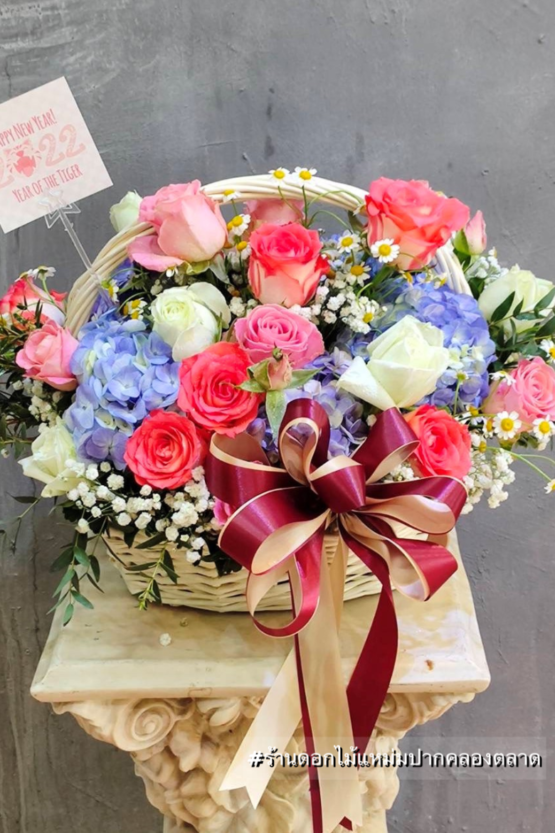 ช่อดอกไม้ ของฝาก ของขวัญ กระเช้าดอกไม้ เยี่ยมผู้ป่วย กุหลาบแดง ไฮเดรนเยีย กุหลาบชมพู กุหลาบขาว กุหลาบคละสี ยิปซี