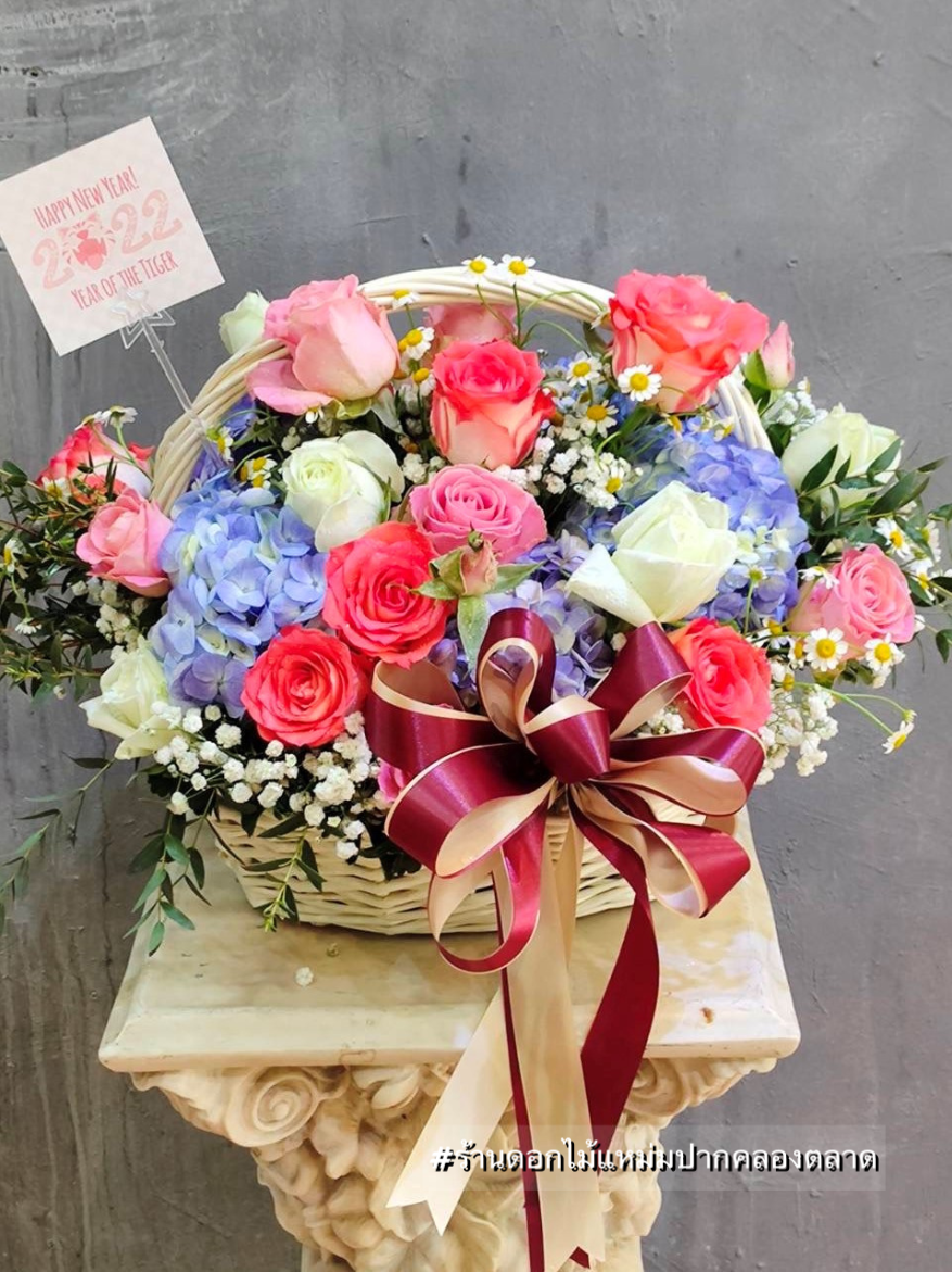 ช่อดอกไม้ ของฝาก ของขวัญ กระเช้าดอกไม้ เยี่ยมผู้ป่วย กุหลาบแดง ไฮเดรนเยีย กุหลาบชมพู กุหลาบขาว กุหลาบคละสี ยิปซี